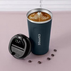 كوب قهوة معزول بالفراغ من الفولاذ المقاوم للصدأ سعة 12 أونصة مع مقاوم للانسكاب وشاشة عرض رقمية مبتكرة لدرجة الحرارة