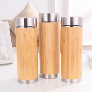 Bamboo Tumbler Mug Vacuum Insulated Stainless Steel Thermos na may Filter para sa Loose Leaf/Coffee