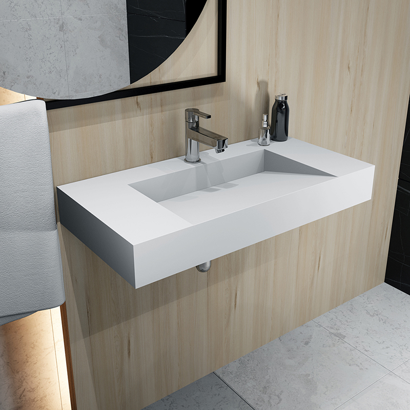 KBh-10 Corian White Wall Hung Solid Surface Wash Basin with Ramp sinks and predilled faucet hole