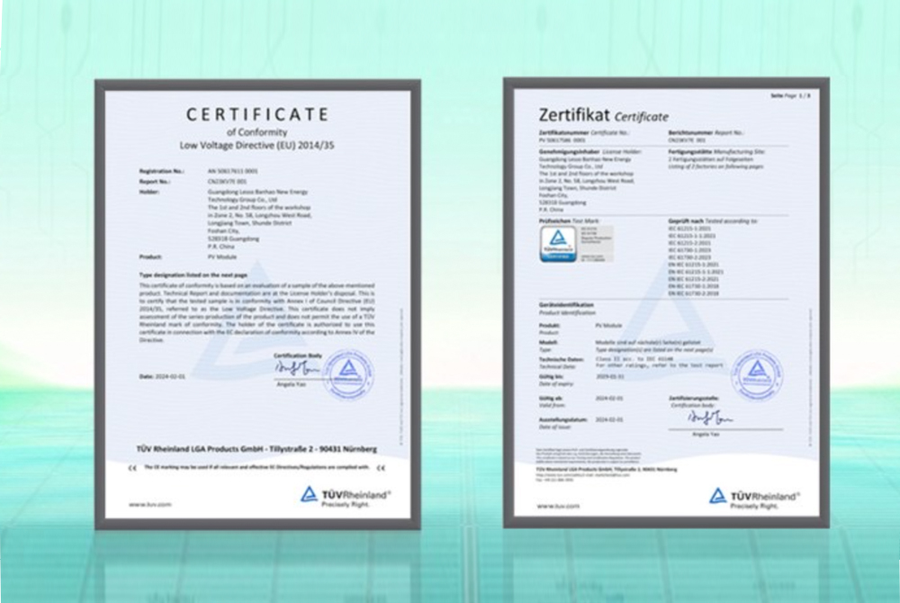 LESSO Earns Prestigious IEC 61215:2021 and IEC 61730:2023 Certifications from TÜV Rheinland