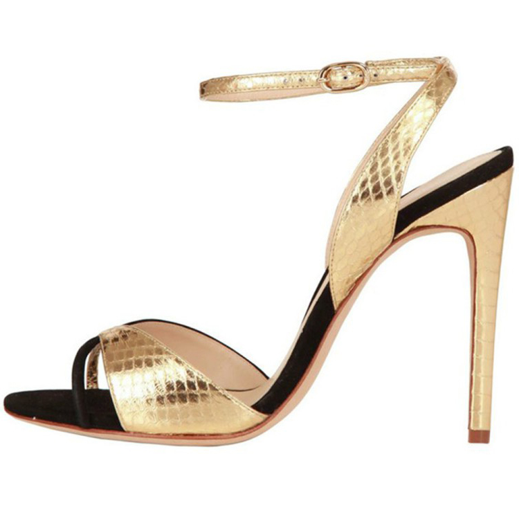 Pagal užsakymą pagaminti moteriški sandalai-aukso spalvos gyvatės odos raštais aukštakulniai sandalai ir didmeninė prekyba moteriškais batais
