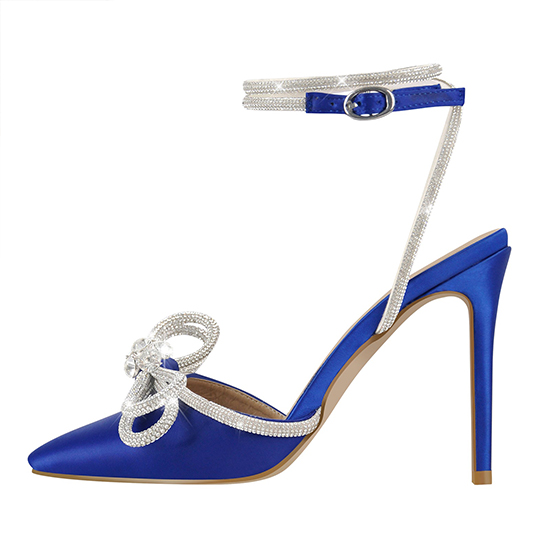 Sandali con tacco alto in raso blu con punta a punta e fiocco in cristallo di vendita calda 2022