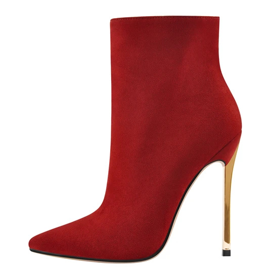 Custom made Red Suede gold Metal High Heels Pointed Toe Ankle Boots