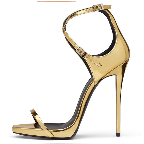 Customized Gold patent leather cross-buckled high heel pumps para sa maramihang produksyon