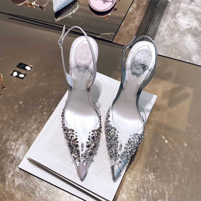 2022 Szőlőgranulátum Strasszkő átlátszó sarok PVC felső kristály Slingback esküvői cipő Hegyes orrú kristály 8 hüvelykes magassarkú