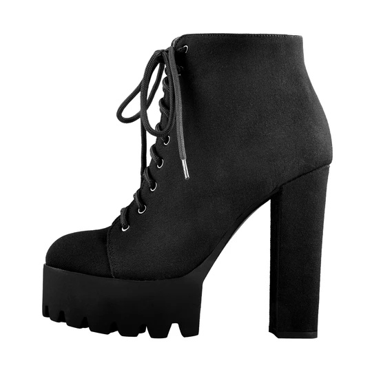 I-Platform Round Toe Lace Up Chunky High Heels Suede Ankle Boots