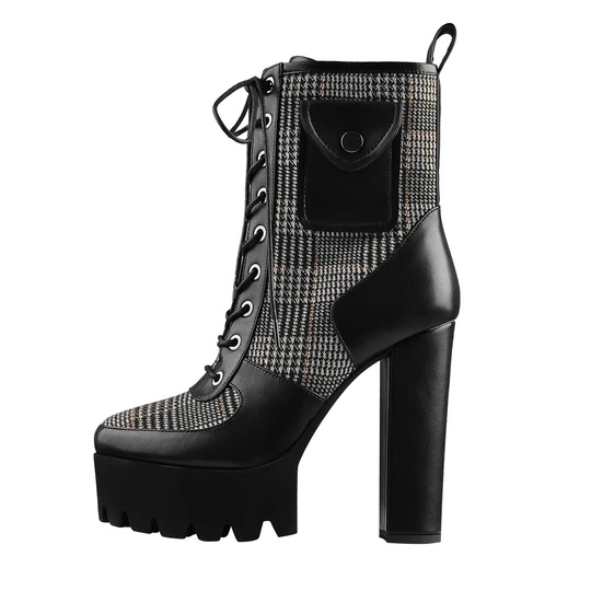 Black Platform Lace Up Chunky Heel Tsakiyar Aljihun Maraƙin Fashion Boots
