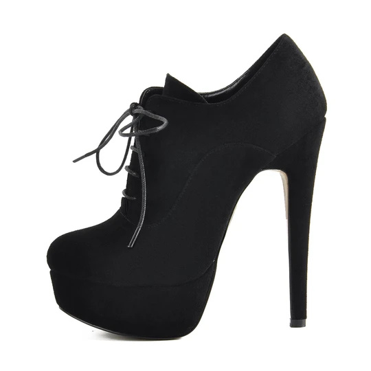 Tovární cena Platforma Lace Up Stiletto High Heels Černá semišová kožená kotníková bota