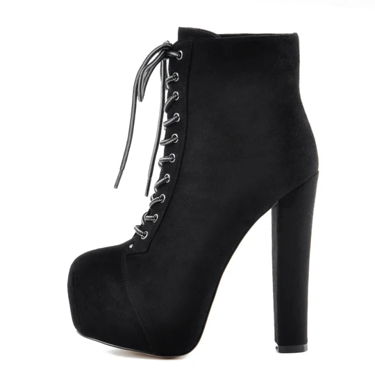 Black Suede Platforma Round Toe Lace up Chunky High Heel Ankle Boots