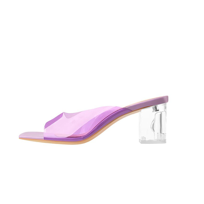 Hot Sale Fashion Design square toe plastik ungu transparan bening chunky heeled sandal