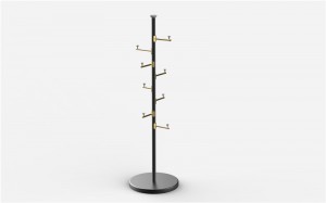 Ives Coat Racks Metal Gold Freestanding፣ Coat Hanger Stand፣ Hall Tree Coat Rack ለተንጠለጠሉ ኮፍያዎች፣ ስካርቨሮች፣ ቦርሳዎች፣ ዘመናዊ ኮት መደርደሪያ ከድርብ መደርደሪያዎች ጋር፣ የማዕዘን ኮት መደርደሪያ፣ 9 መንጠቆዎች፣ ወርቅ