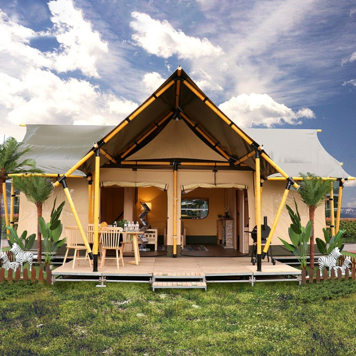 T shaped luxury safari tent house with bedroom bathroom living room