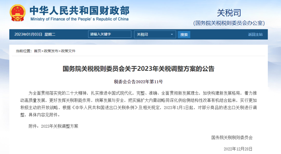 Since January 1, 2023, in China, the import and export tariffs of some commodities will be adjusted