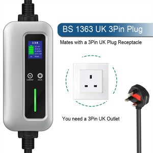 IEC 62196-2 Seòrsa 2 Plug Boireann 5M 10A 13A Plug UK 3 Pin Type B RCD Charger EV so-ghiùlain