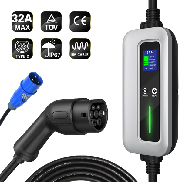 Mode 2 EV Charger Type 2 7kw 16A 20A 24A 32A IP67 Time Delay Portable Type 2 Charging Cable Featured Image