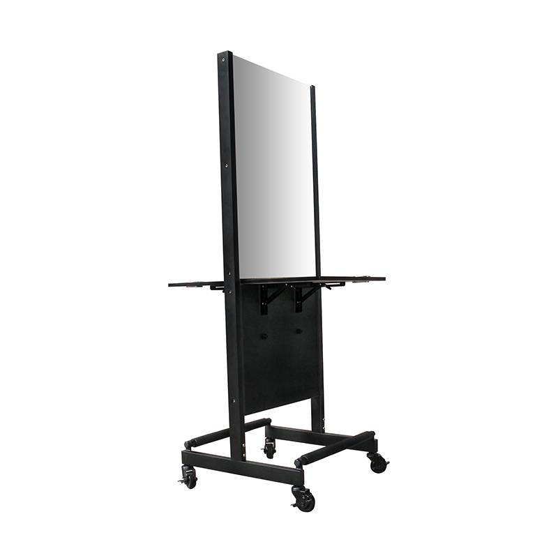 2019 newest moveable black painting frame silver barber mirror station with hair dryer holder and four lockable wheels