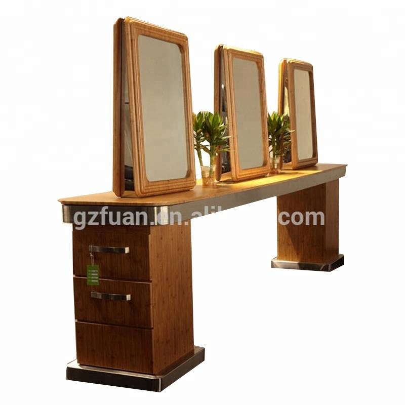 Double sided modern wood style PVC table surface salon styling station salon equipment hair salon barber station mirrors
