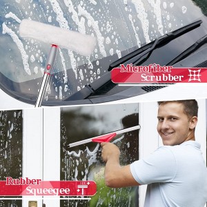 Outdoor Window Squeegee Cleaning Tool with Microfiber Scrubber and 2 Replaceable Rubber Scrapers for High Window, Car Window, Shower Glass Door