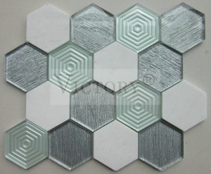 Hexagon Mosaic Tile Crystal Mosaic Hexagon Laminated Glass Stone Mosaic Tile Modern Decoration Iridescent Marble Stone Mix Hexagonal 3D Glass Tile Mosaics