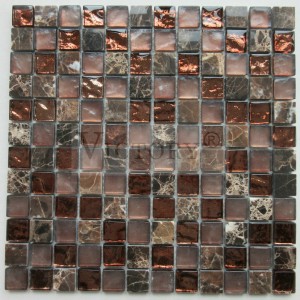 Wholesale Electroplating Golden Color Glass Mosaic with Marble Stone Mosaic Tiles Laminated Electroplating Cold Spray Brown Yellow Water Ripple Rectangle Glass Mosaics