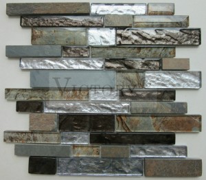 300X300mm Decorative Wall Tile Glass and Stone Marble Mosaic Popular Design Century Mixed Color Glass Strip Pattern Mosaic