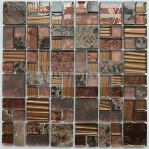 Shower Room Emperadordark marble and Coffee Color Glass Mosaic High Quality 300*300 Crystal Mosaics Backsplash Wall Tiles White and Silvery Glass Square Mosaic Tile for Kitchen