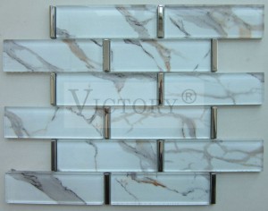 Glass Tiles for Mosaic Crafts Laminated Marble Look Glass Mosaic Tile for Bathroom Wall Decoration New Stone Pattern Art Laminated White Inkjet Pinted Glass Mosaic Tile for Wall