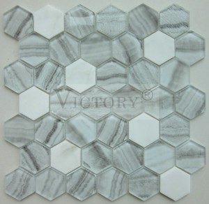 Wholesale Swimming Pool Mosaic Tiles –  6mm Hexagon Tile Glass Mosaic for Home Decor Marble and Glass Mixed Mosaic for Bathroom Wall Cladding – VICTORY MOSAIC