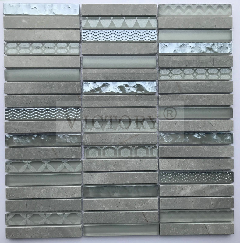 Strip Glass Mosaic and Stone Marble for Wall Background White Marble Mosaic Tile Natural Stone Mosaic Glass Mosaic Stacked Pattern Gray Marble Stone Mosaic Tile for Interior Design Featured Image