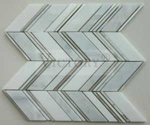 Mosaic Mirror Art –  Decorative Building Material Herringbone Marble Stone Mosaic for Wall Decoration White Stone and Metal Mosaic Tile White Marble and Brushed Aluminum Mosaic Tiles for Sal...
