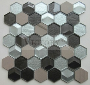USA Style 3D Crystal Glass Mosaic Tile for Modern Wall Decoration White Travertine/Biancone/CreamMaifil/Emperador Marble Mixed Glass Mosaic Tiles Hexagon Shape for Home Hotel Bathroom Kitchen Wall Backsplash
