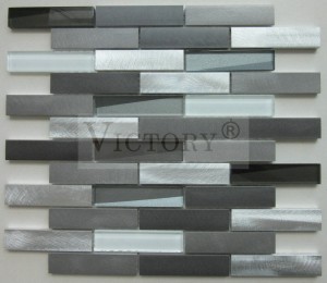 Latest Designed Decorative Beautiful Grey Bevel Glass Metal Mosaic Tile Brown Strip Linear Glass Mix Aluminum Mosaic Pattern Kitchen Backsplash