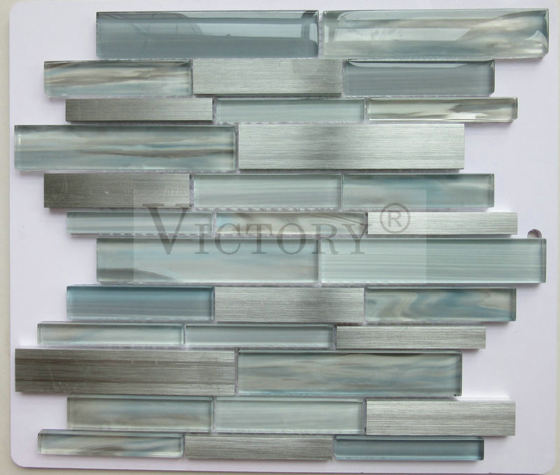Glossy Strip Laminated Glass and Aluminium Mosaic Tile Kitchen Backsplash Customize Designs Fantasy Color Glass and Metal Mosaics for Wall Featured Image
