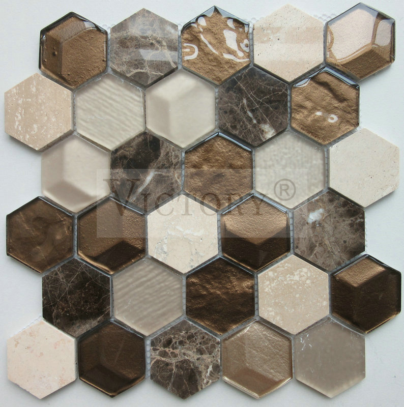 Mosaic Tile Glass –  USA Style 3D Crystal Glass Mosaic Tile for Modern Wall Decoration White Travertine/Biancone/CreamMaifil/Emperador Marble Mixed Glass Mosaic Tiles Hexagon Shape for Home ...