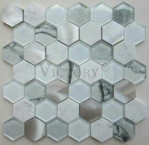 Mosaic Model –  China Factory New Design Hexagon Aluminum Glass Mix Color Mosaic Tile for Bathroom Wall Tiles 300X300 Color Mixture Glass and Stone Mosaic Wall Tile – VICTORY MOSAIC