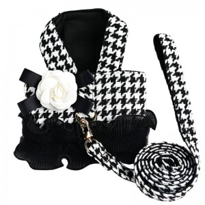 I-Classic Houndstooth Dog Harness Set With Flower Bowknot