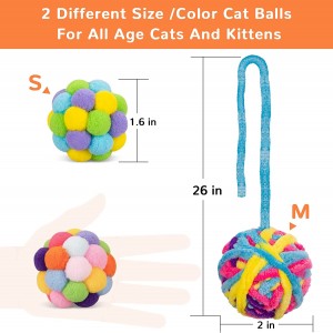 Nieuwe kleurrijke wollen kat plaagt kauwspeelgoedbal met bel
