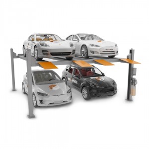 Elevador de estacionamiento de plataformas gemelas de cuatro postes para 4 autos