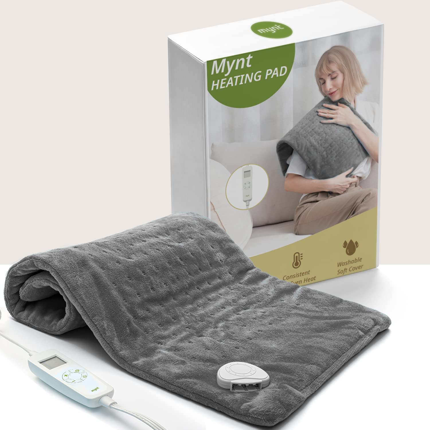 MYNT Heating Pad with Removable Hand Controller and Washable Soft Material，Fast Heating for Back, Shoulder, Waist（Grey）