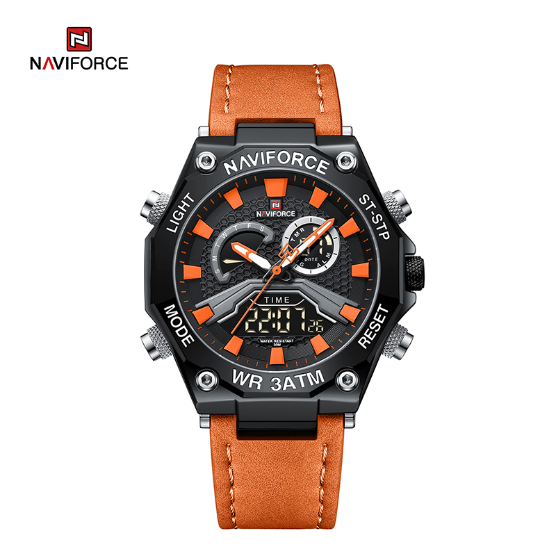 NAVIFORCE NF9220 Relojes de hombre de cuarzo impermeables deportivos informales de cuero genuino con pantalla dual Digital