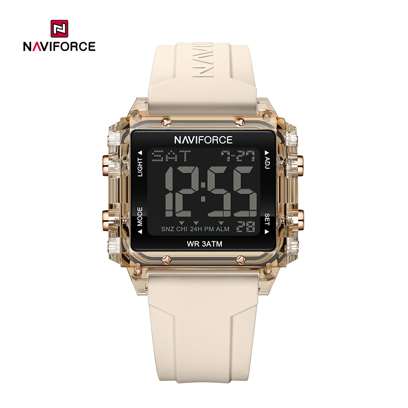 NAVIFORCE NF7101 Моден проѕирен LCD електронски рачен часовник со водоотпорен аларм, LED силиконски ремен за тинејџерски часовник
