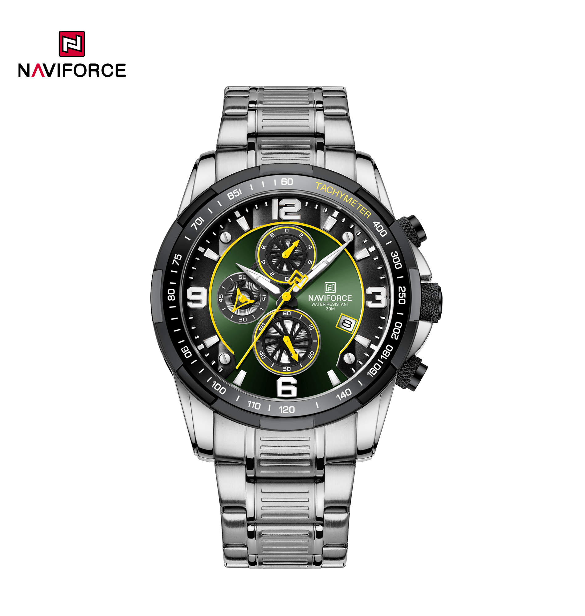 NAVIFORCE NF8020S correa de acero inoxidable luminoso impermeable hombres moda carreras de cuarzo cronógrafo hombres reloj