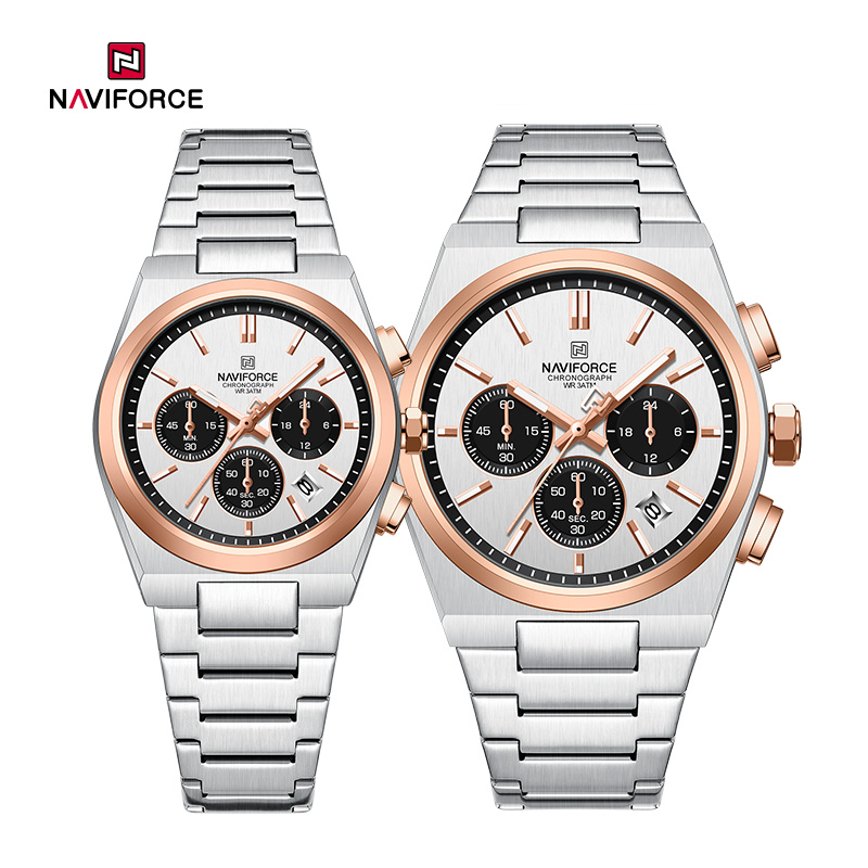 Naviforce NF8048 Classic Stylish Timeless Love Chronograph Stainless Steel Strap Couples Watches