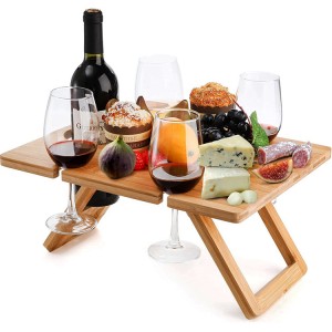 Factory Wholesale Wooden Bamboo Portable Folding Wine Snack Picnic Tray Table with Wine Glasses Holder