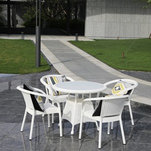 AJ Factory Wholesale Outdoor Patio Garden Balcony Cafe Bistro Stackable White Plastic Glass Top Dinning Table and Chair Set