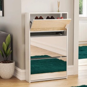 AJ Factory Wholesale Living Room Entryway Wooden Mirror Rotating Pull Out Shoe Rack Shoe Storage Cabinet