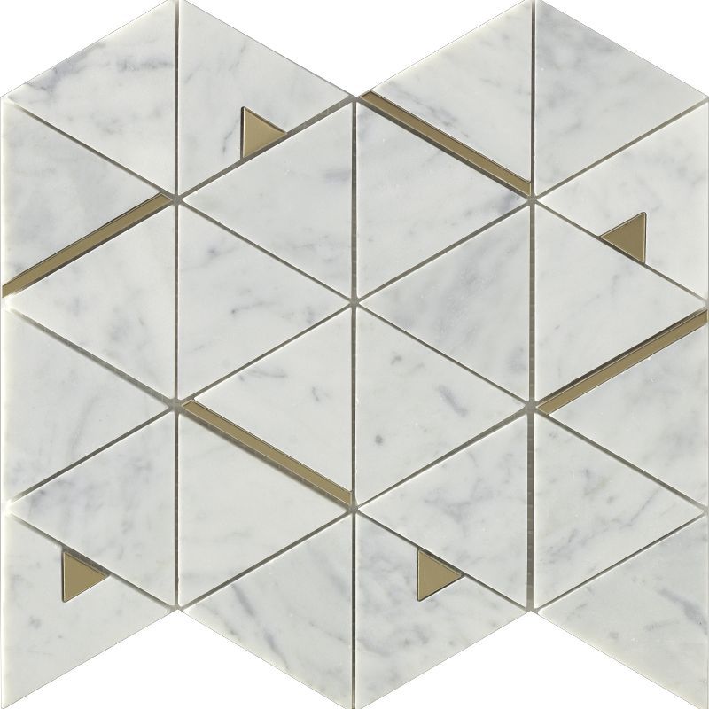 Mosaikfliese aus natürlichem Marmor, Steinmischung, Metall, Dreieck, Pfeil, goldfarbenes Metall, Edelstahl 304