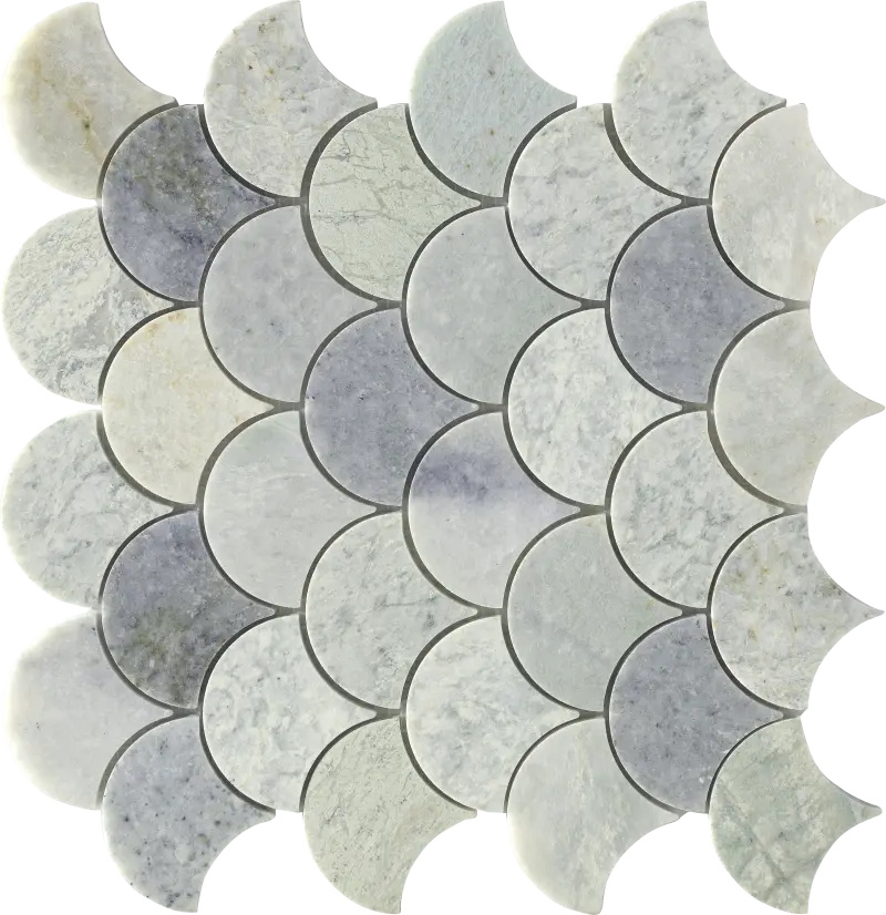 Baldosa de mosaico de pedra de mármore natural de escala de peixe montada en malla para chan e parede