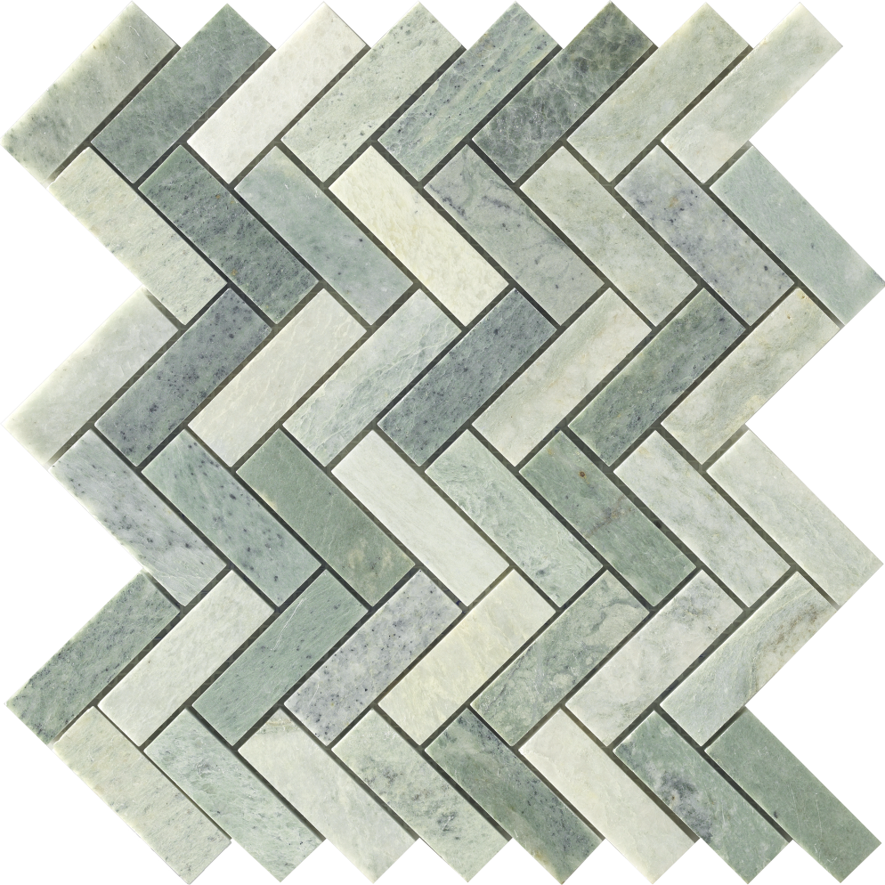 Azulejo de mosaico de piedra de mármol natural en espiga montado en malla para piso y pared