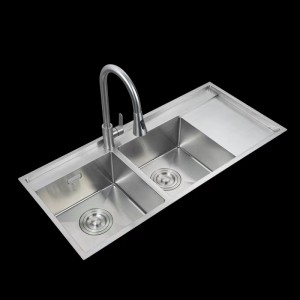 Stainless Steel Double Bowl Flat Edge Kitchen Sink with Drainboard